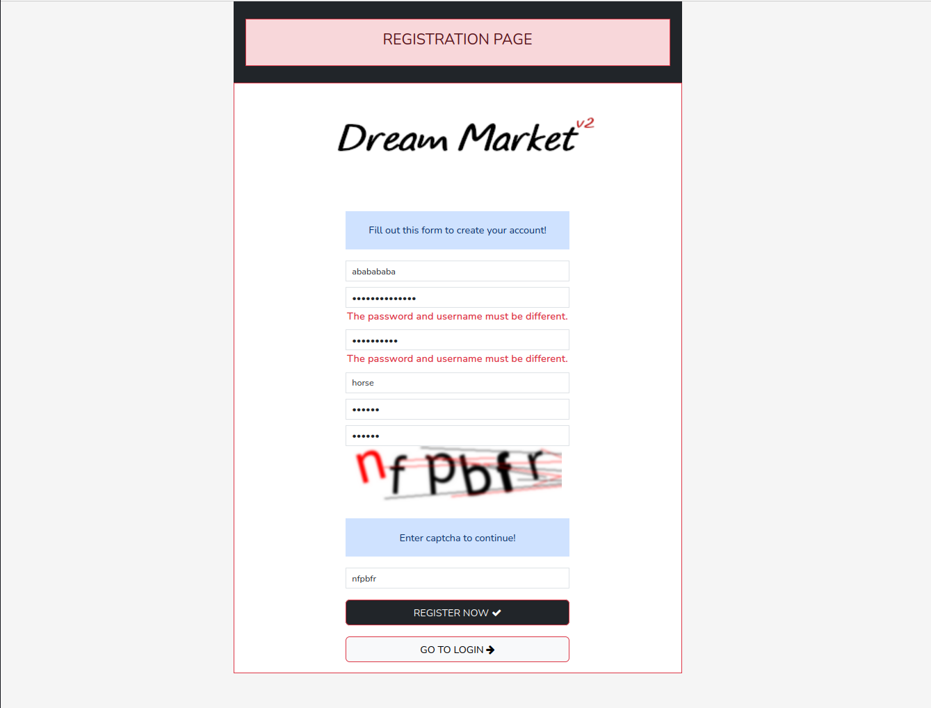 Dream Market V2 Secure Registration Screen with Advanced Security Features